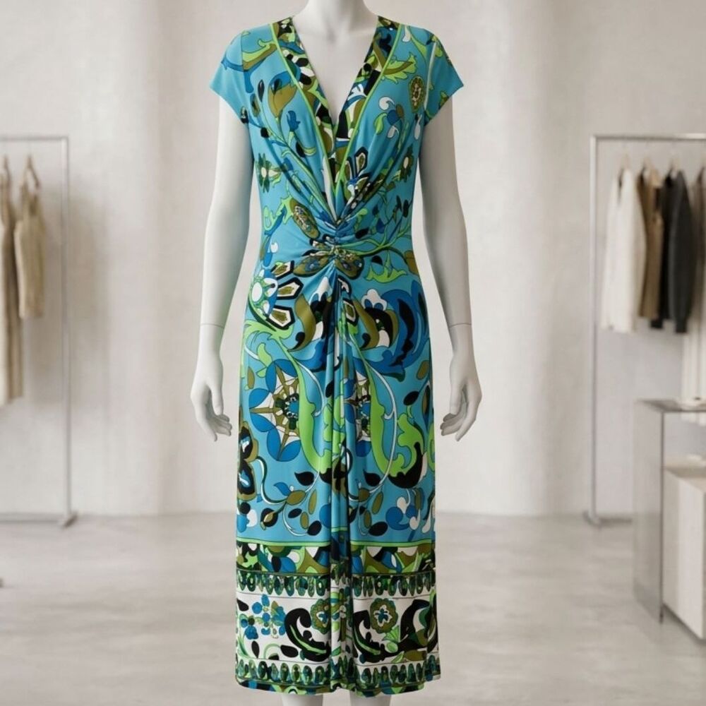 Muse Boston Proper Groovy Floral Rouched Midi Dress 90s Y2K Blue Green Size 12